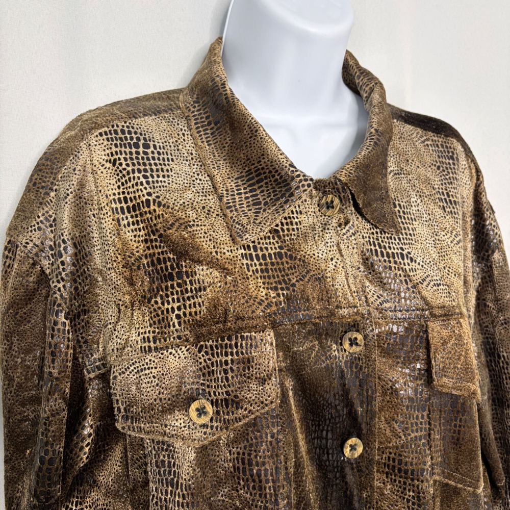 Carole Little Women Metallic Snakeskin Print Button Front Trucker Jacket Gold 12 - Picture 2 of 7